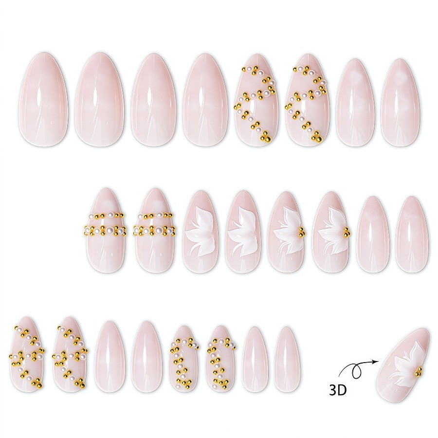 48Pcs-Long Almond Nude White Flower Pearl Gold Bead Press On Nails Set