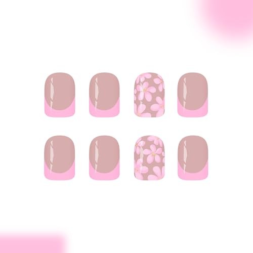 French Tip Press On Nails – Short Fake Nails Square Nude Pink – Flowers3