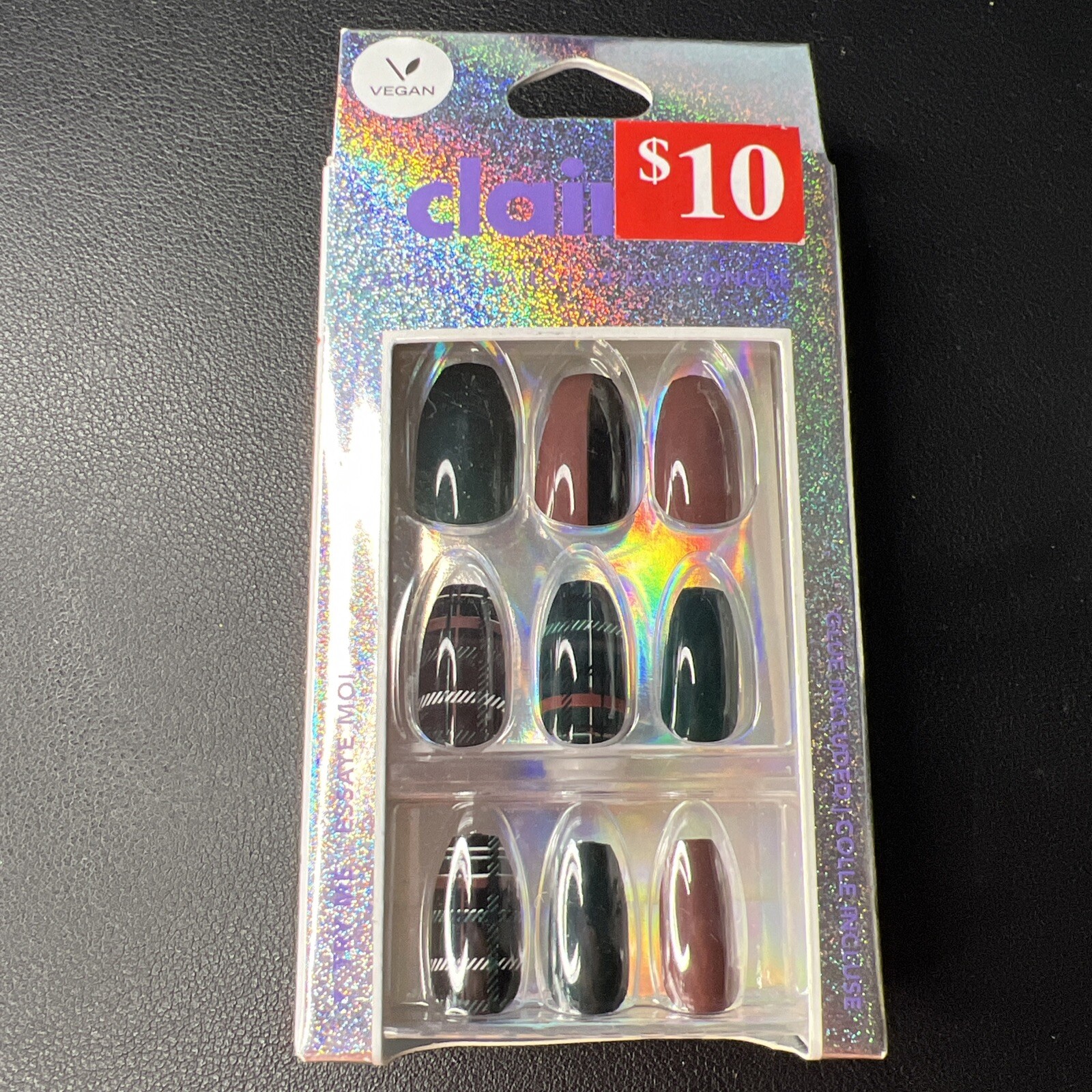 24pc Claire’s Fake Press On Nails Glue On Vegan Plaid Print Green Brwn Blk White