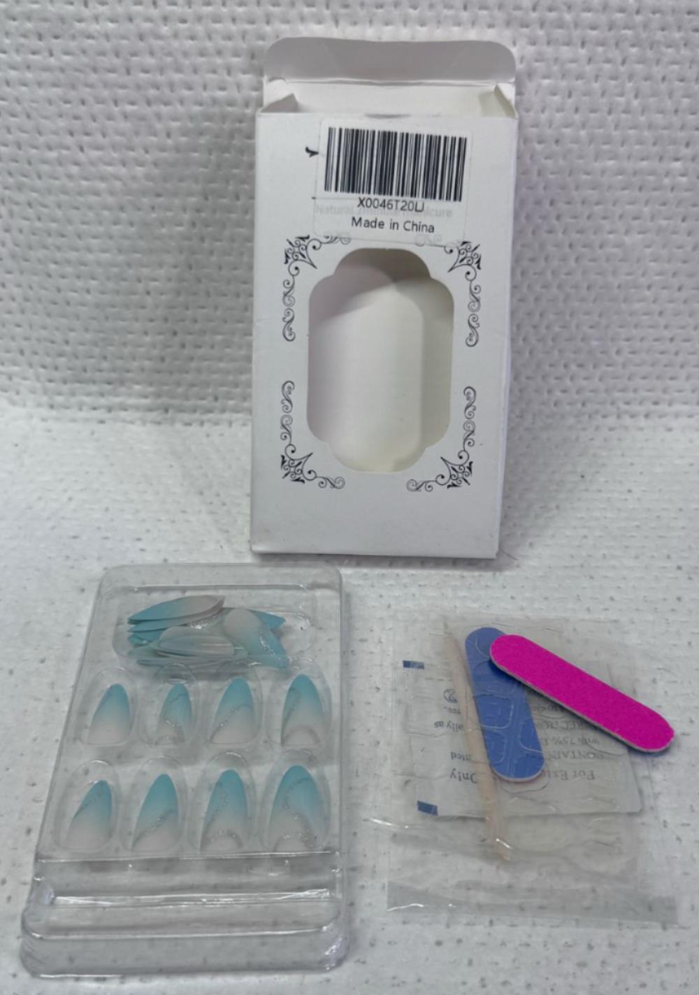 Sea Blue Press on Nails Medium Almond Fake Nails Ombre White False Nails