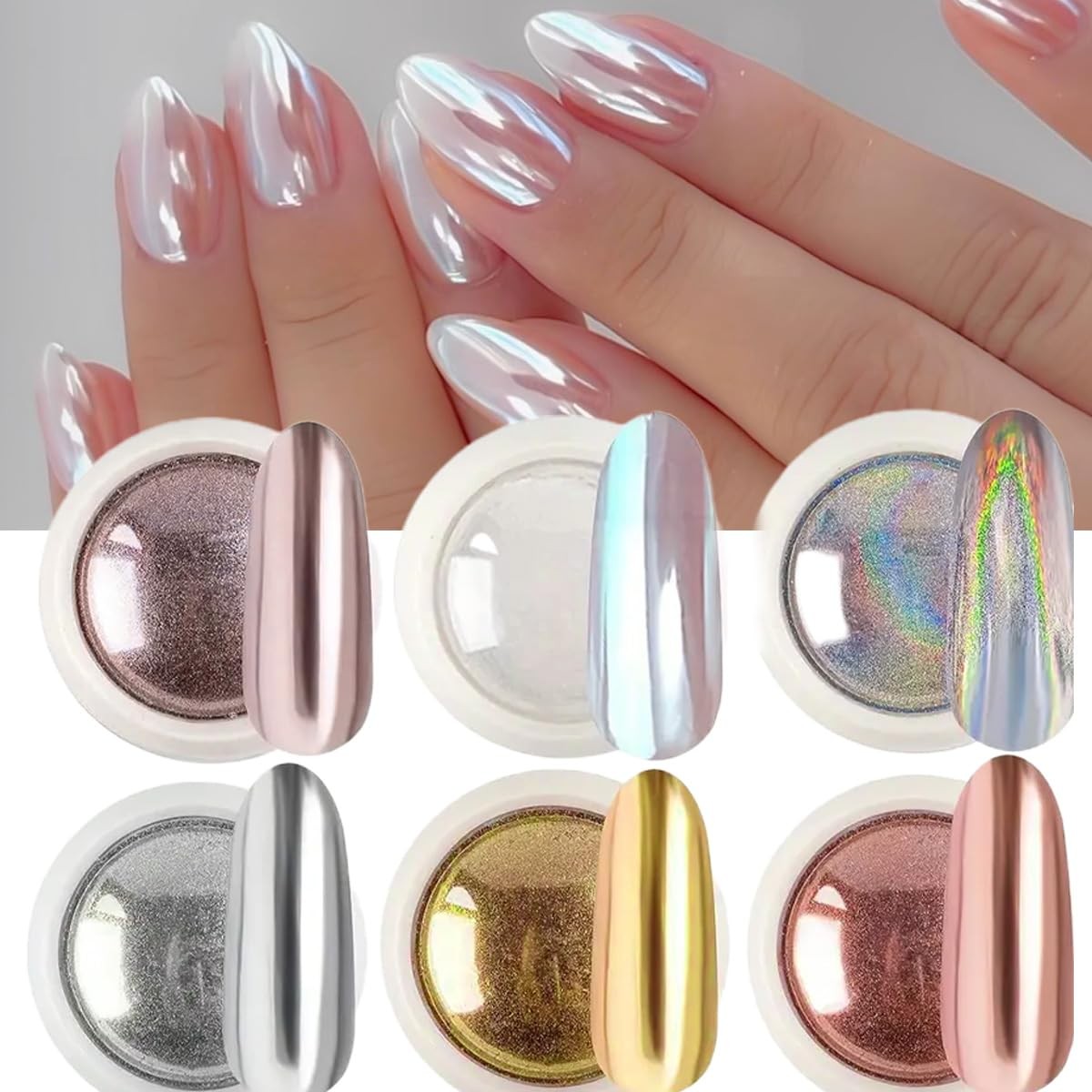 Chrome Nail Powder Set, 6 Colors Metallic Gold Silver Rose Pink White Mirror …