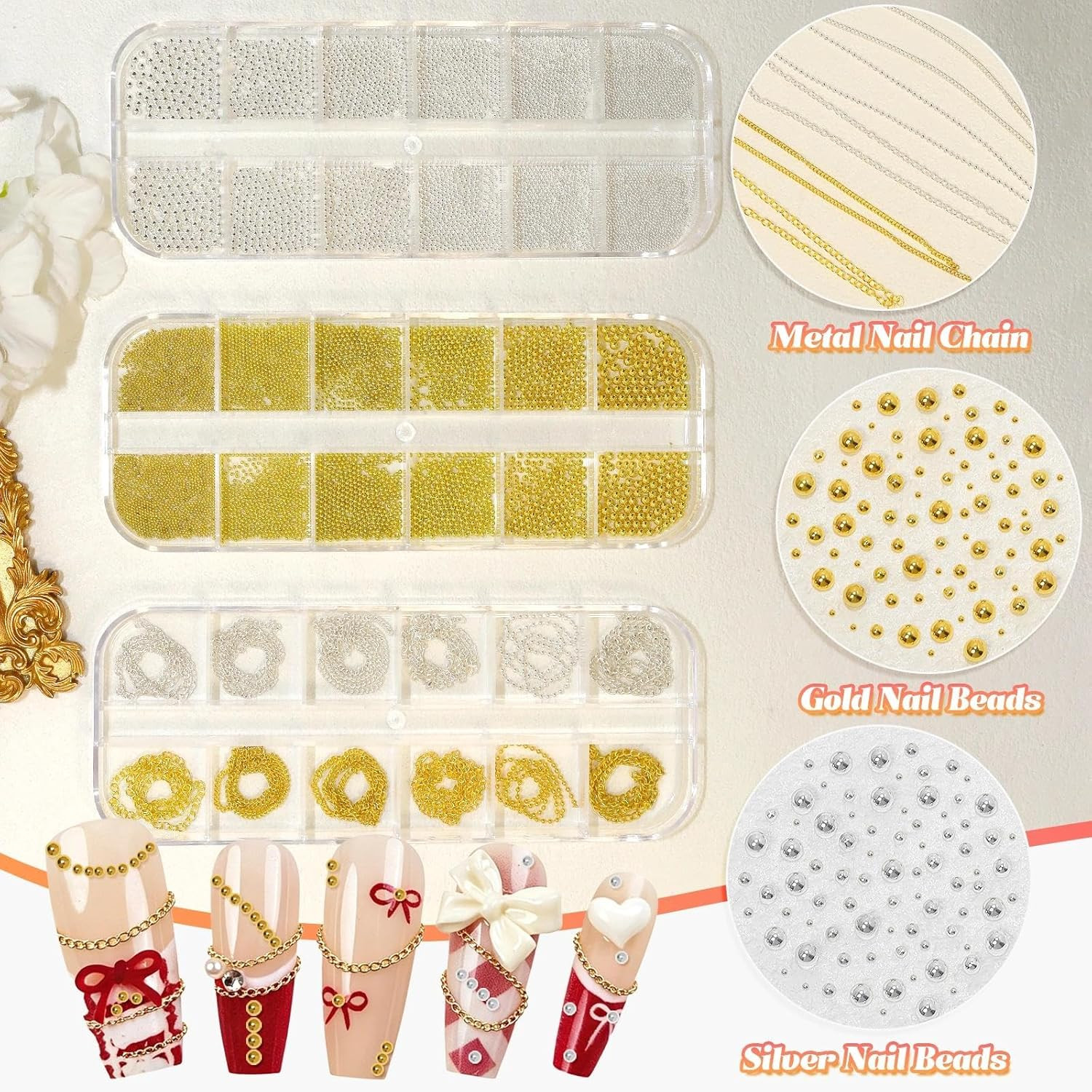 3 Boxes Caviar Metal Nail Beads, Gold Silver Nail Chains, Caviar Nail Beads | Mi