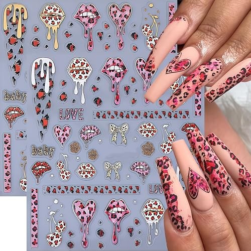 2 Sheets Valentines Day Nail Art Stickers Leopard Print Love Heart Nail bow