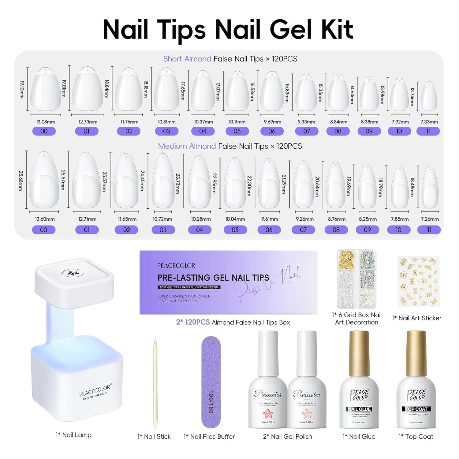 Gel Nail Kit, Short Medium Almond,240Pcs 12 Sizes Nail Tips with Nail Glue Mini