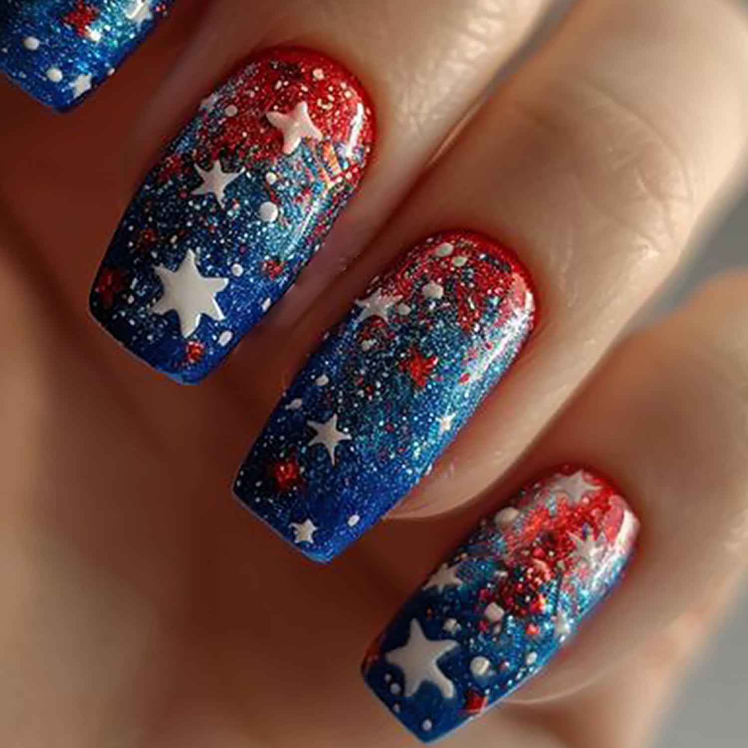 Independence Day Press on Nails Medium Square Stars Glitter Powder Sequins Desig
