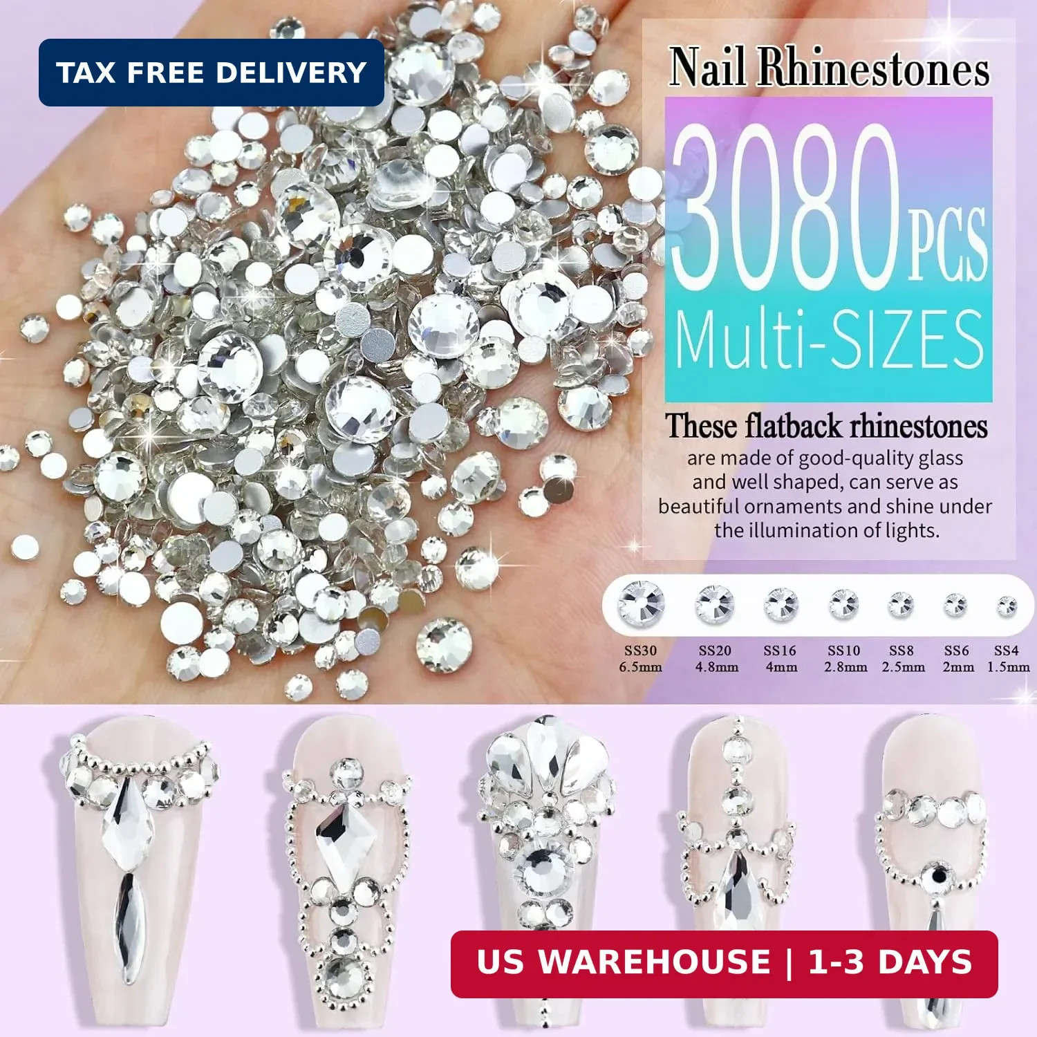 Dowarm 3200PCS Nail Art Rhinestones, Crystal Clear Flatback Rhinestones for Nail