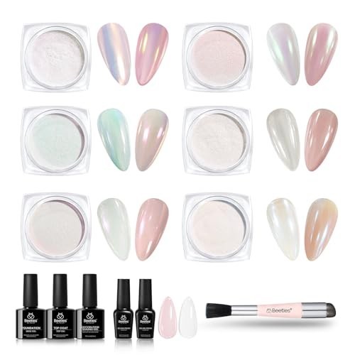 Aurora Pearl Chrome Nail Powder Kit – 6 Iridescent Colors, Base & Top Coat, Meta