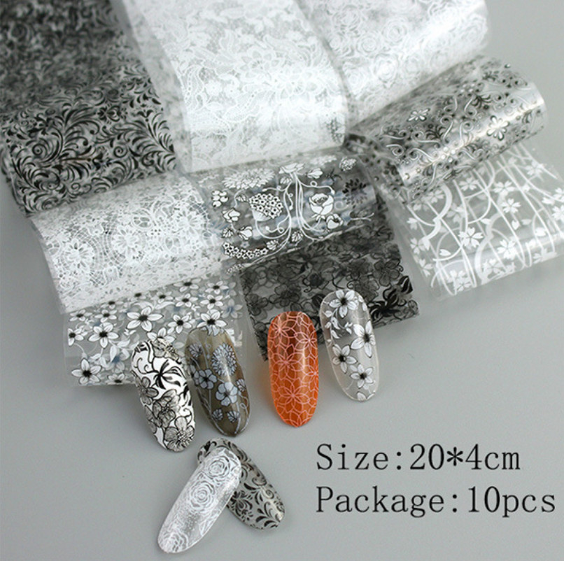 10pcs Black White Flower Nail Art Film Foil Transfer Decals Manicure DIY X5 NS46