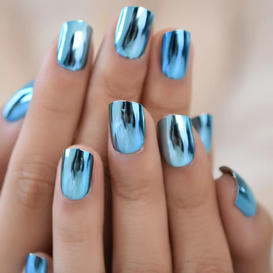 24 short blue chrome Press on nails kit w glue metallic mirror aqua