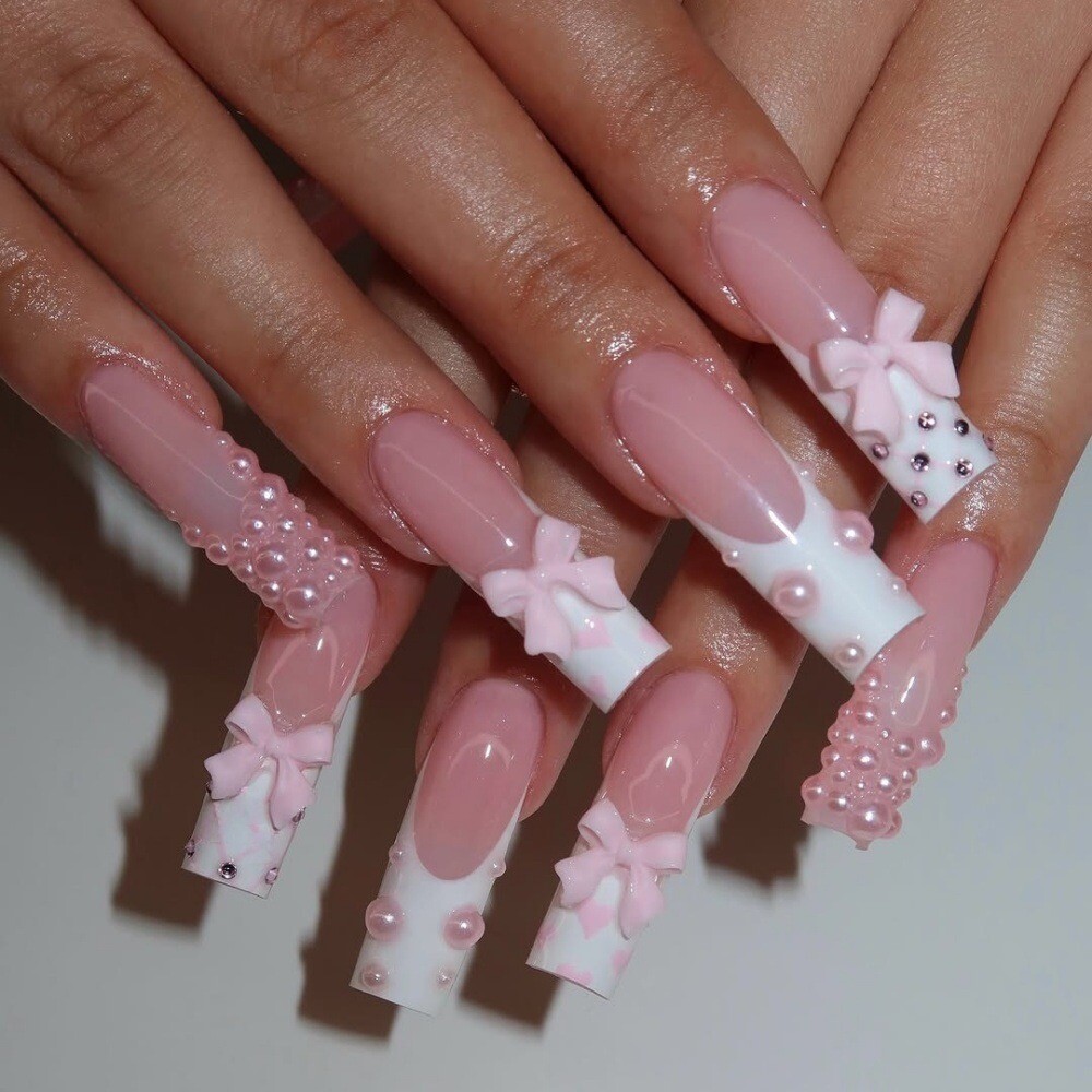 Pearl Heart Ribbon Press-On Nails – Long, Girly & TikTok-Inspired | Handmade Set