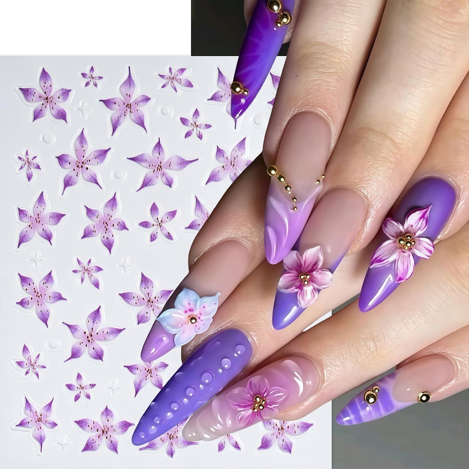 6 Pcs Flower Nail Art Stickers Decals 5D Lily Flower Embossed Nail Decals Purple