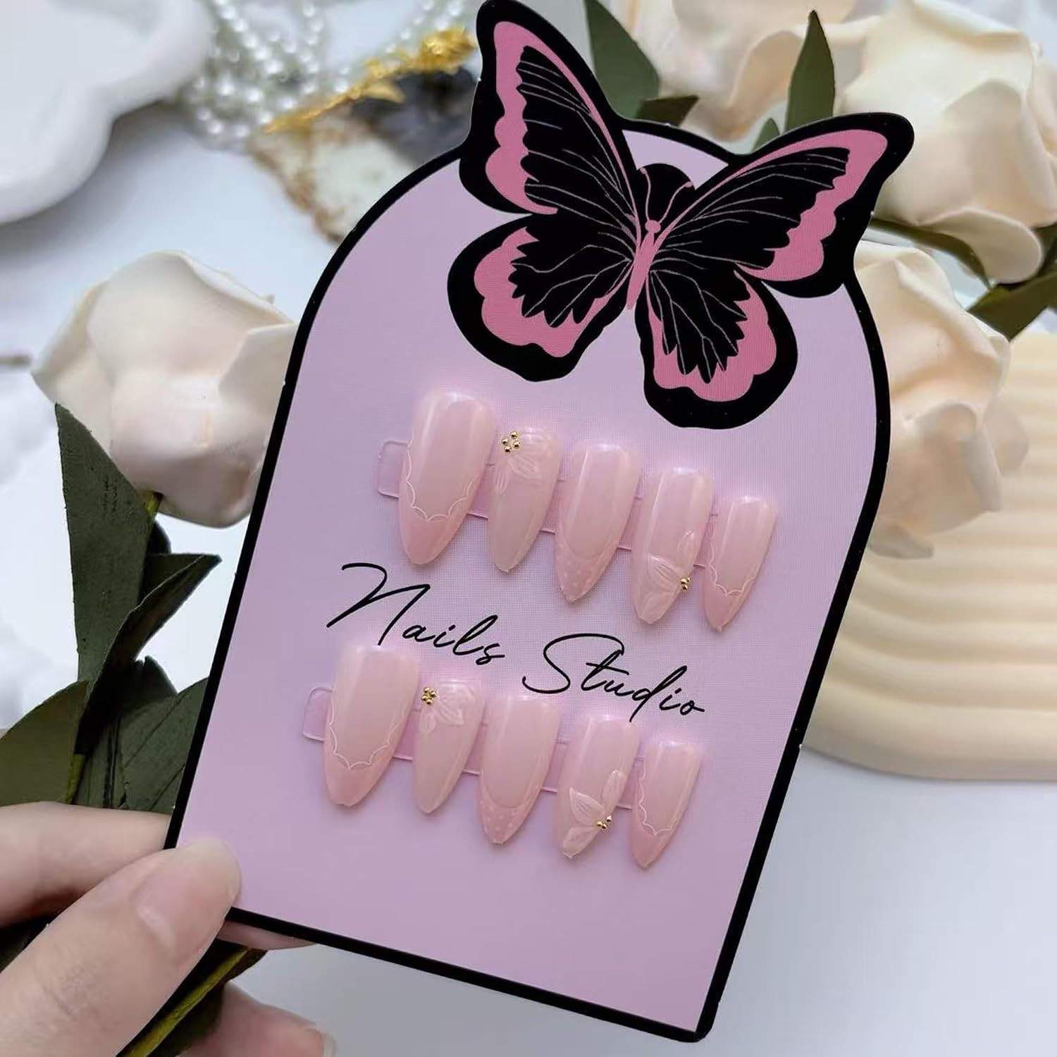 24Pcs Light Pink Press on Nails Medium Almond Fake Nails with 3D Floral & Gold R