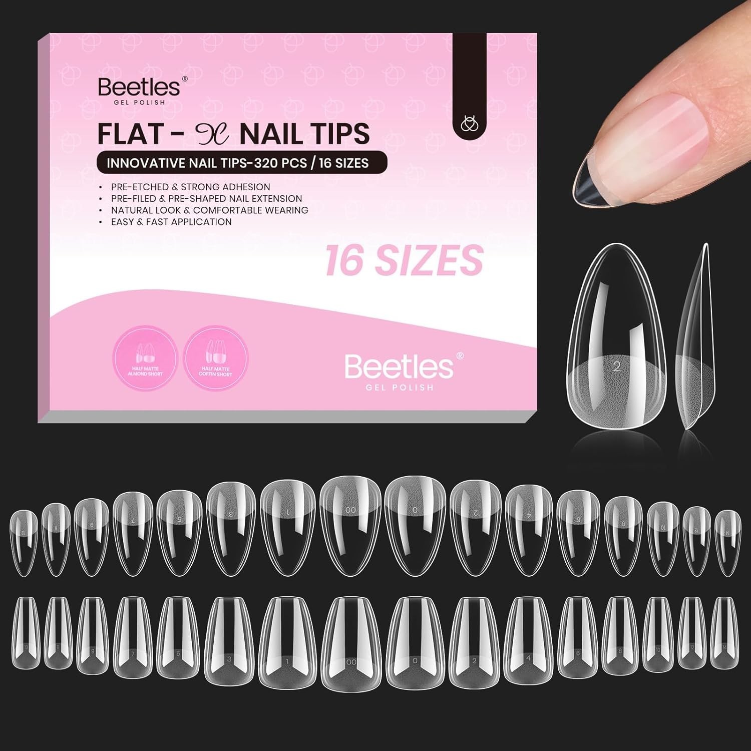 320 Pieces Half Matte Gel Nail Tips – Beetles Flat-X Short Almond Coffin Design