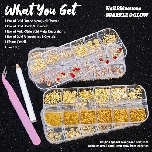 Gold Nail Charms and Nail Gems with 4 Boxes of Rhinestones 3D Metal for Nail