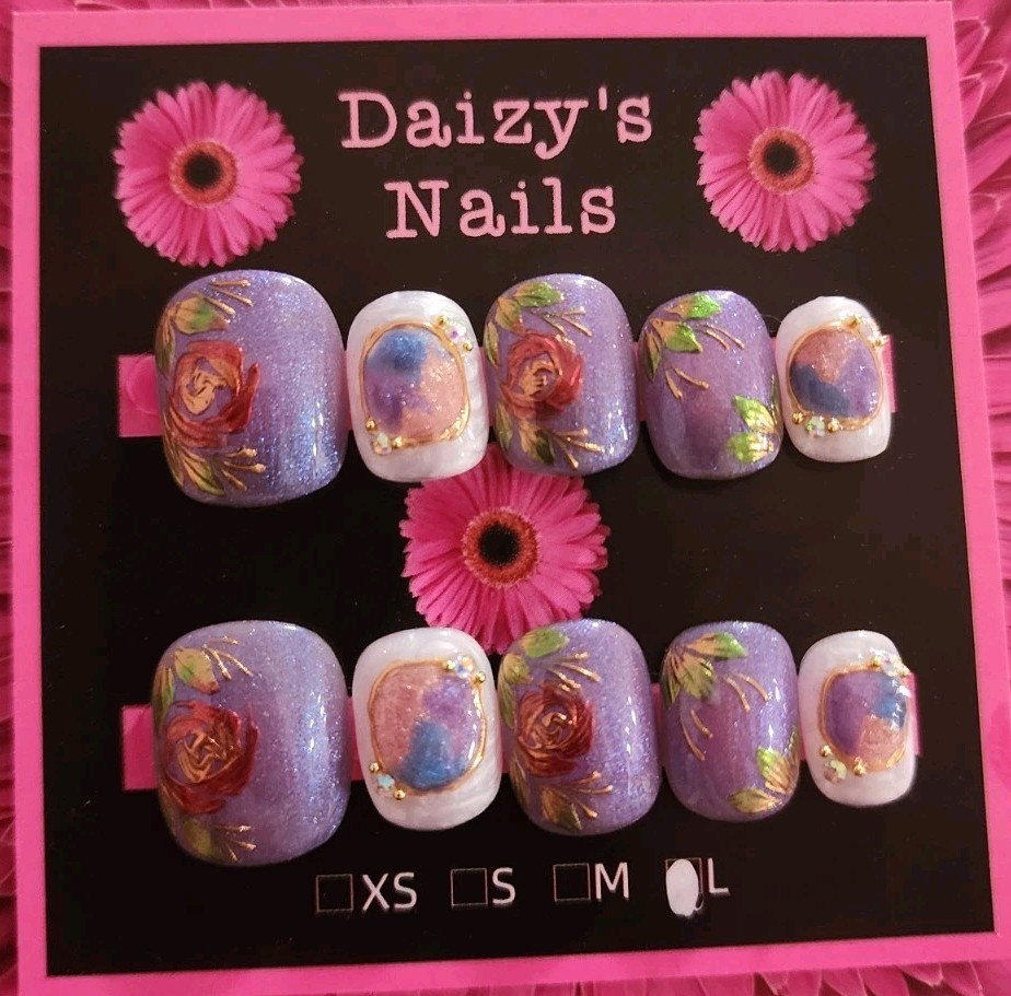 Large Size Purple Rose Press-on Nail Set Handmade Square Round 1.5 Cm Length