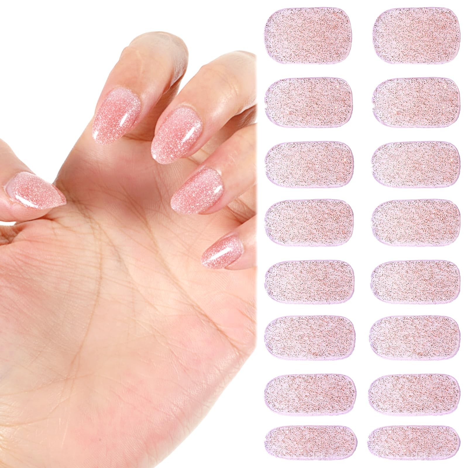 Xindojuz 16 PCS Pink Semi Cured Nail Strips Wraps, Black White Glitter Press …