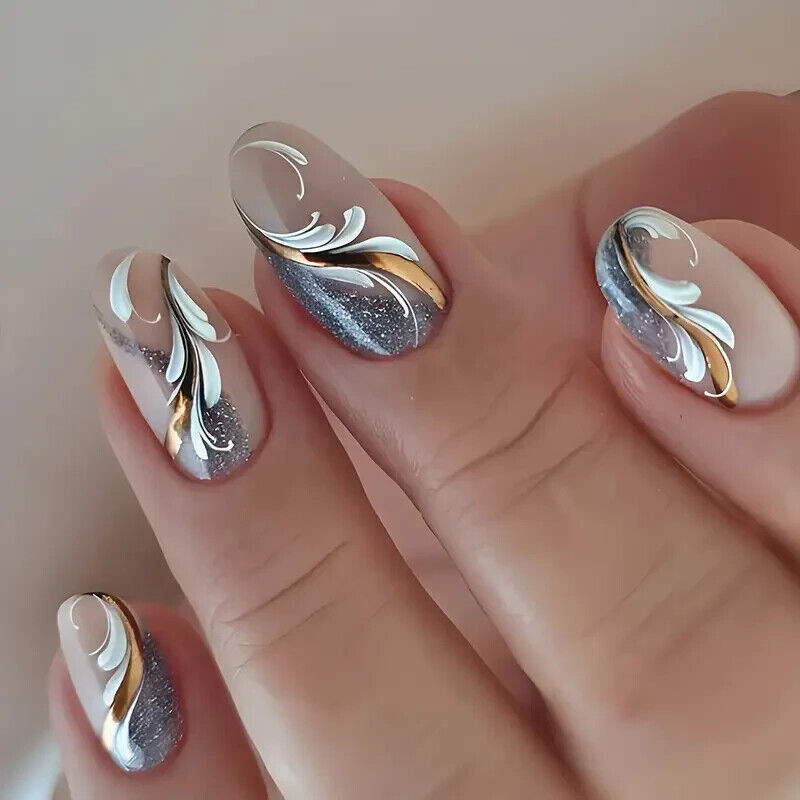 24pcs Caramel Brown Glitter Cat Eye Press On Nails, Medium Ballet Shape Winter