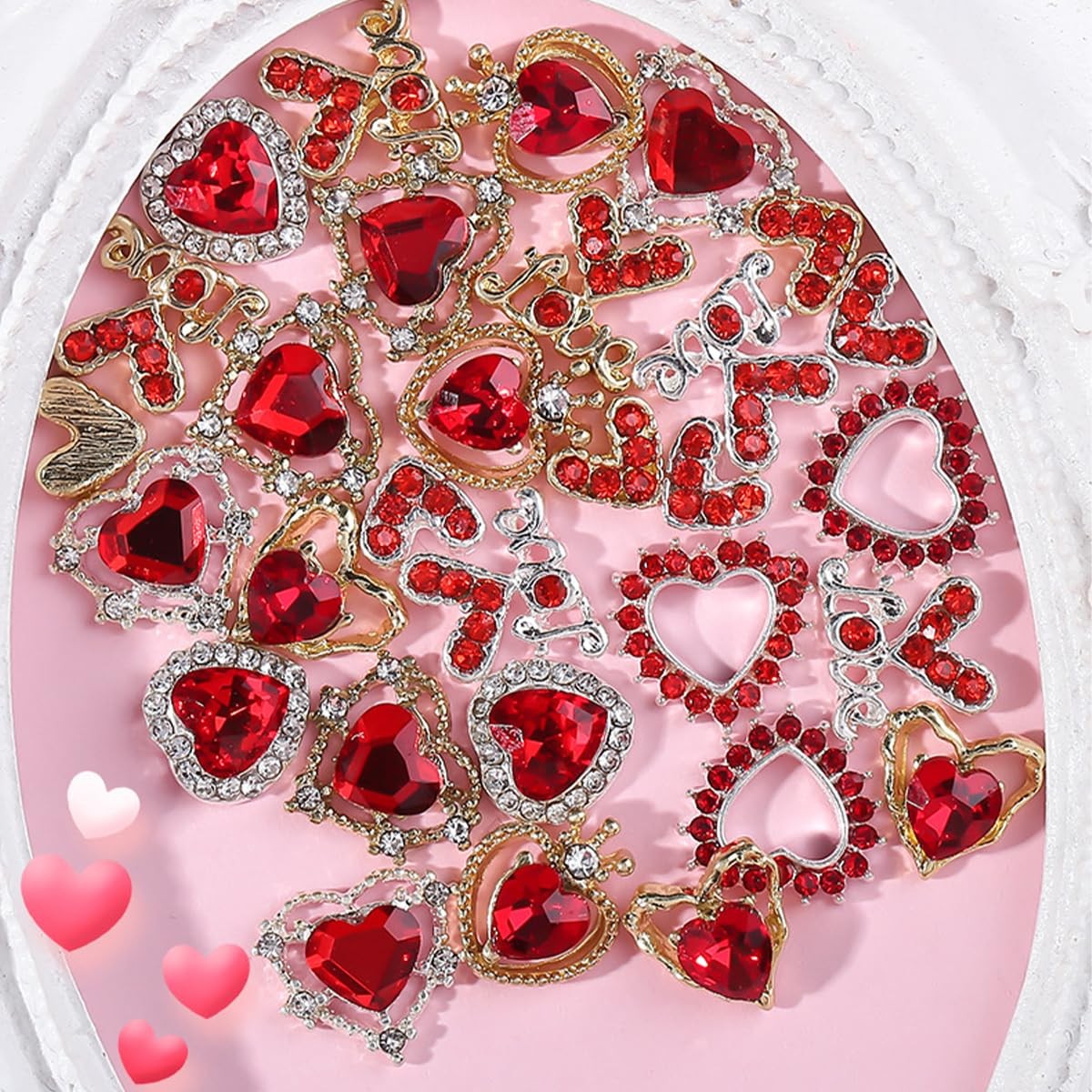 Valentines Nail Charms 22PCS Heart Rhinestone Nail Art Decorations