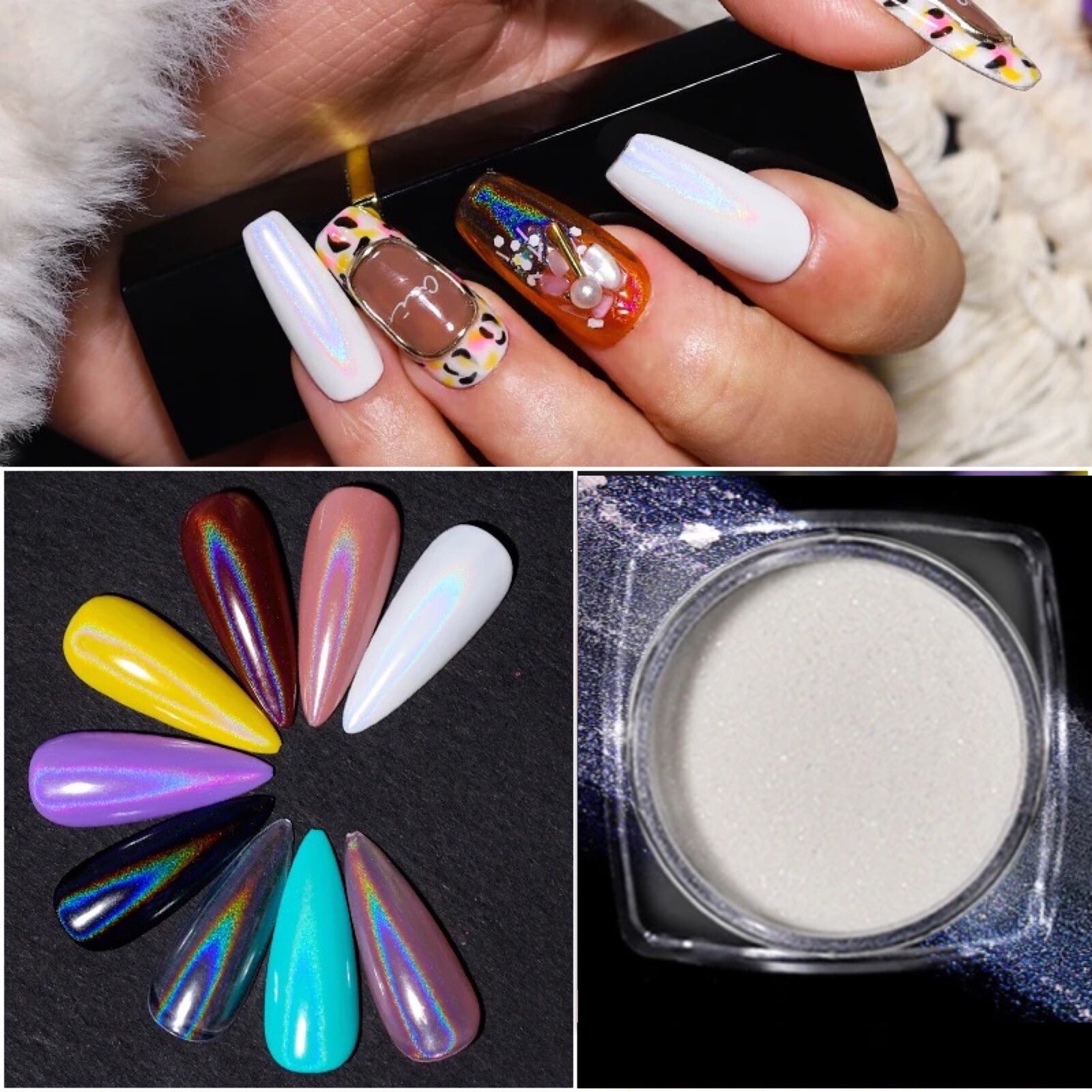 White Holographic Nail Chrome Powder Transparent Effect Clear Unicorn Rainbow