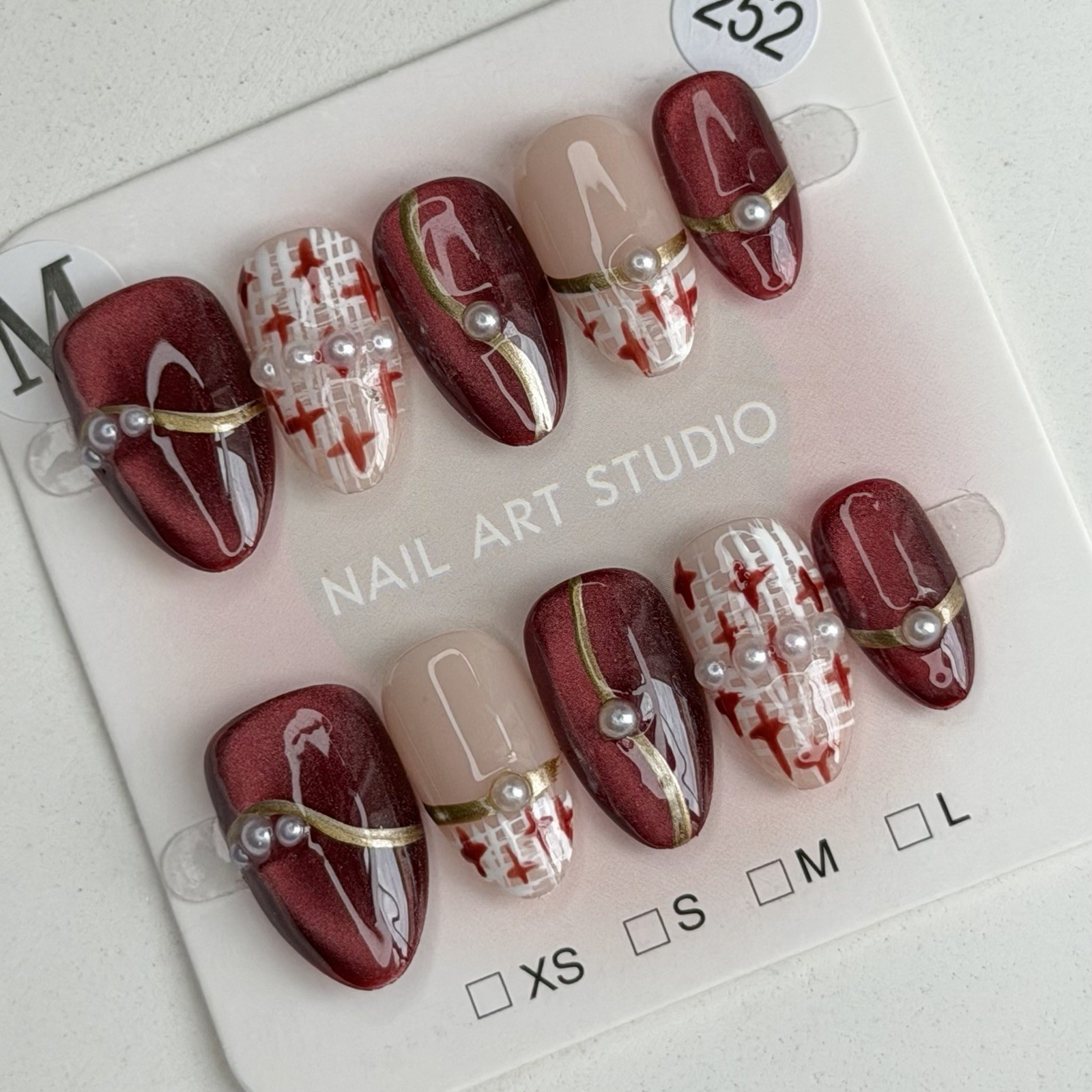 Handmade Red Brown Press-On Nails With Pearls Glossy Short Almond SizeM Reusable