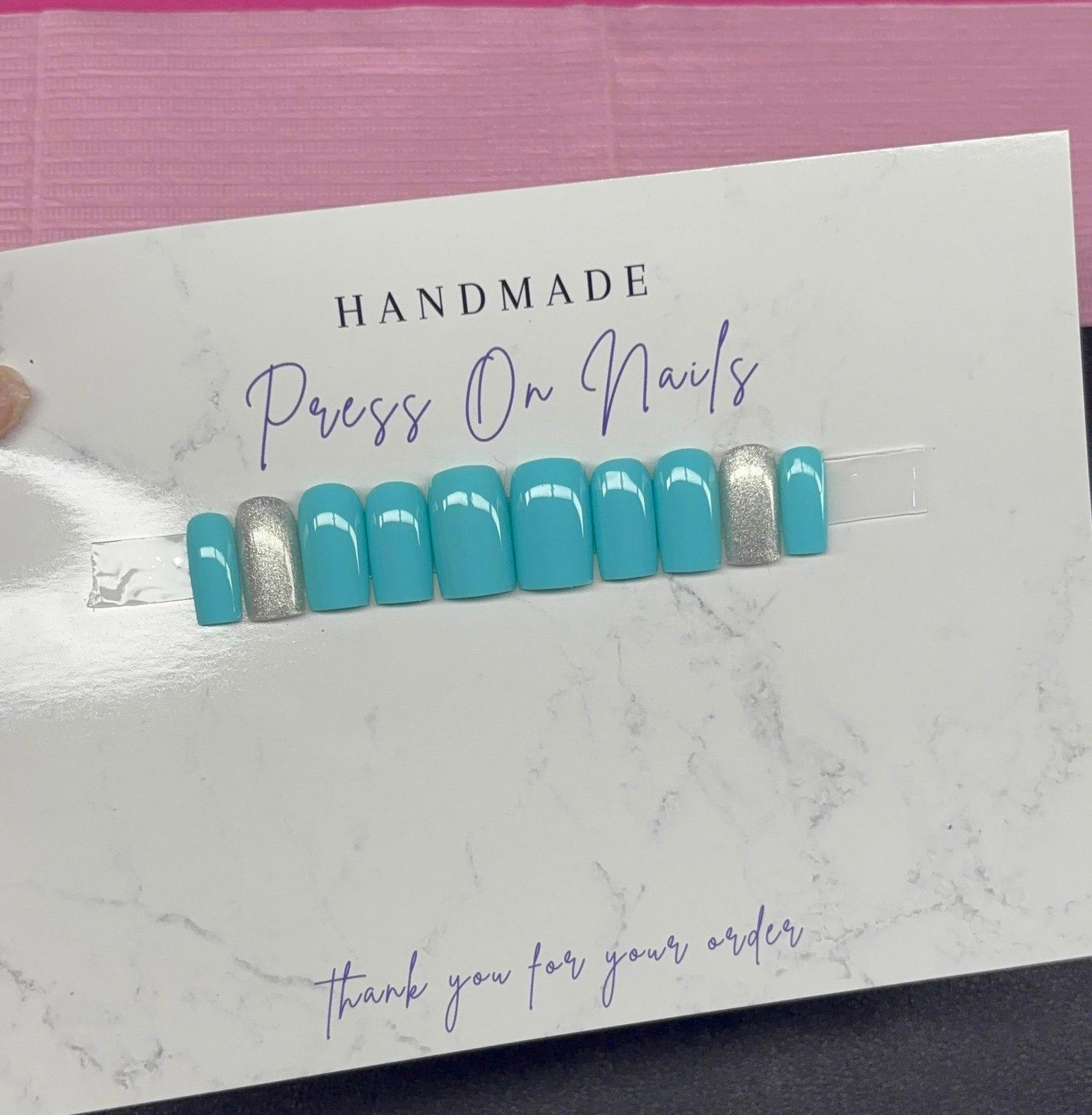 Short square Press on nails silver glitter teal light blue handmade custom gel