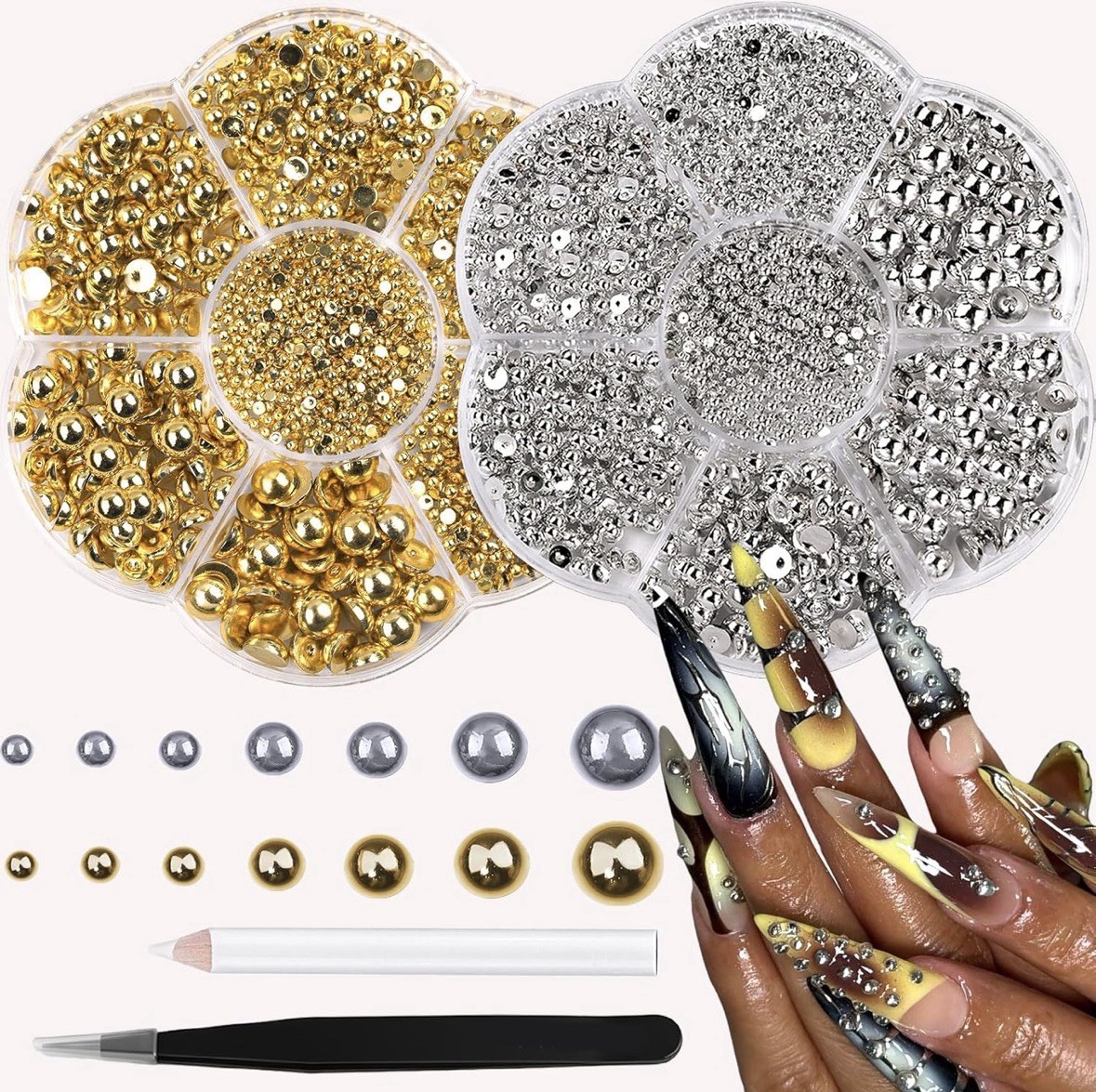 2 Boxes Nail Pearls – Gold and Silver Half round Pearls for Nails with Pickup To