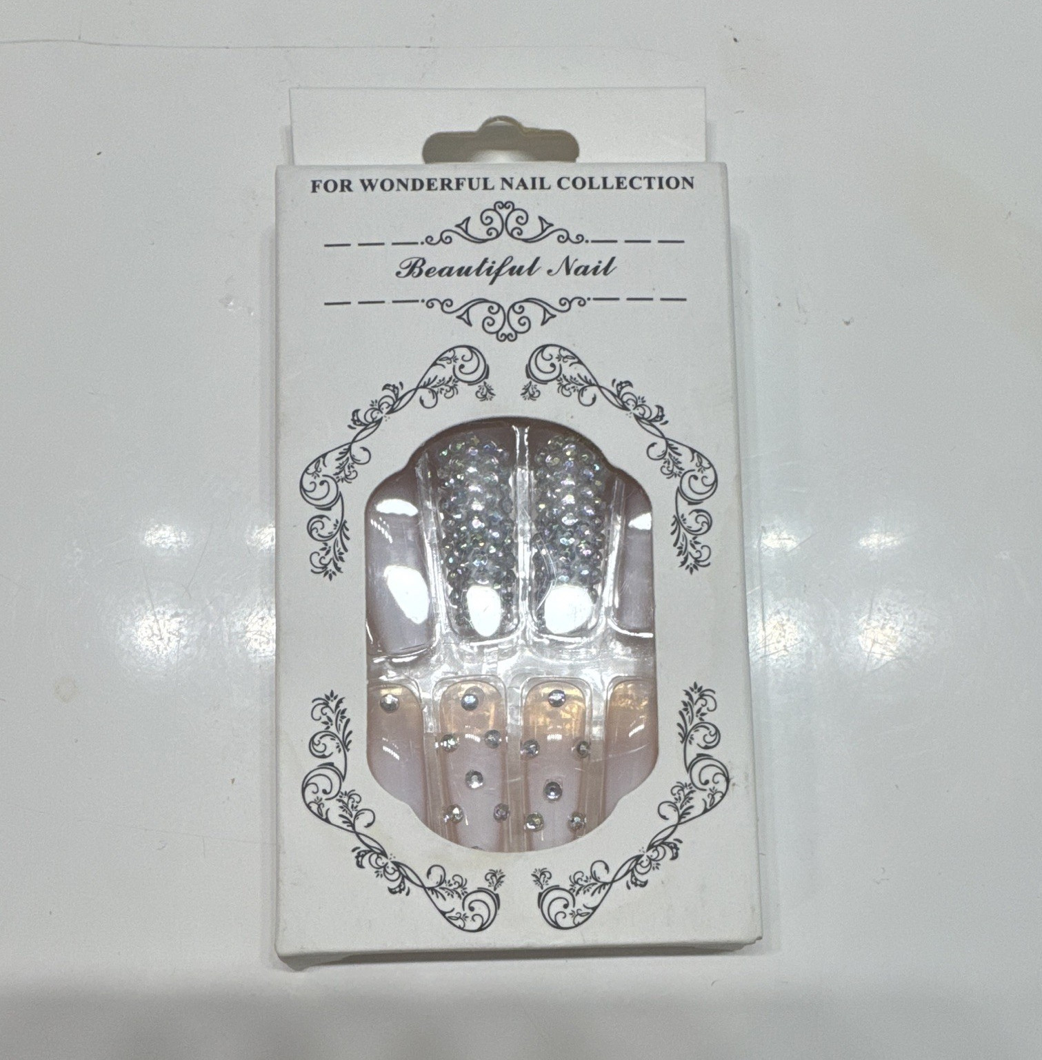 LE FAN Press-On Nails Pink/Silver Glitter Rhinestone Coffin Long, Glue Included