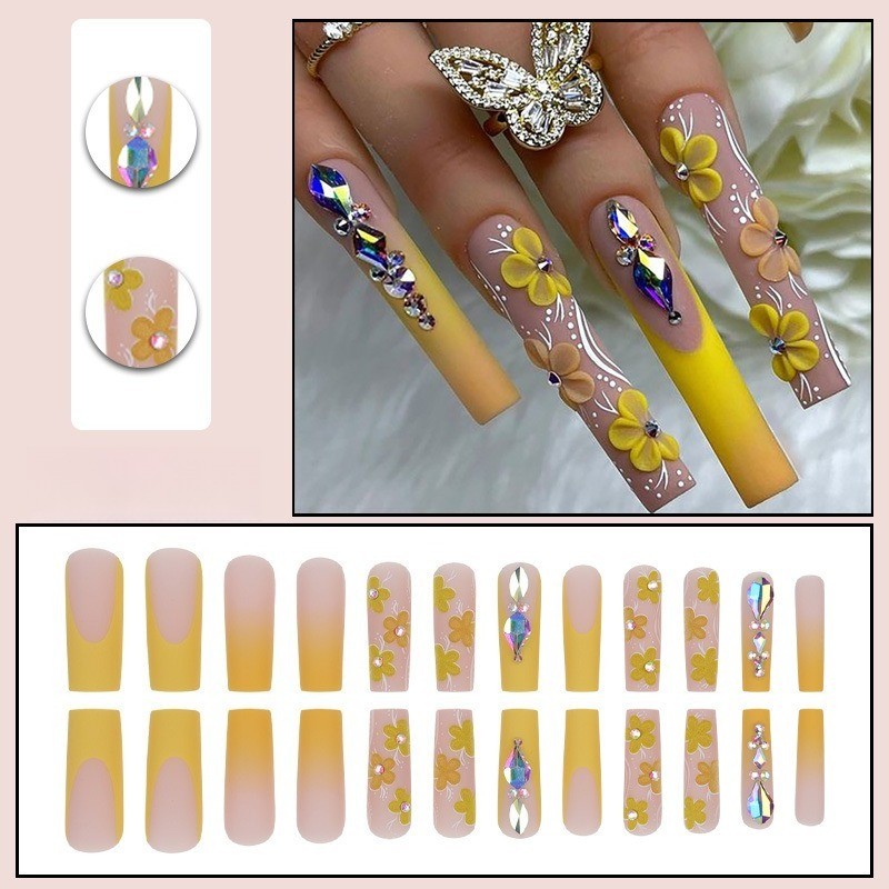 Nude To Yellow Ombre Coffin Press on Nails with 3D Flowers & Rainbow Rhinestones