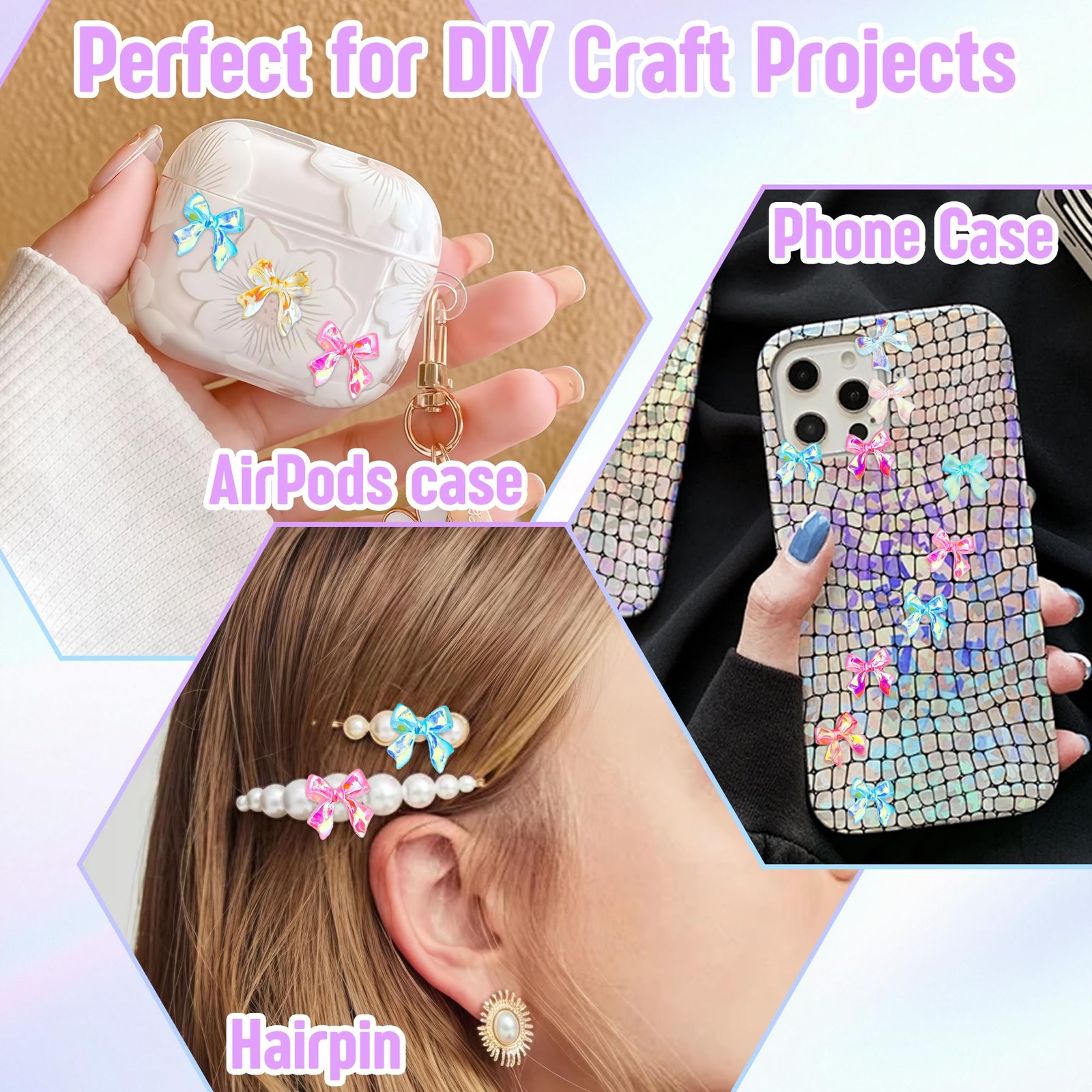 200Pcs Bow Nail Charms Resin Bowknot Nail Art Decoration Cute 3D Mix Aurora C…