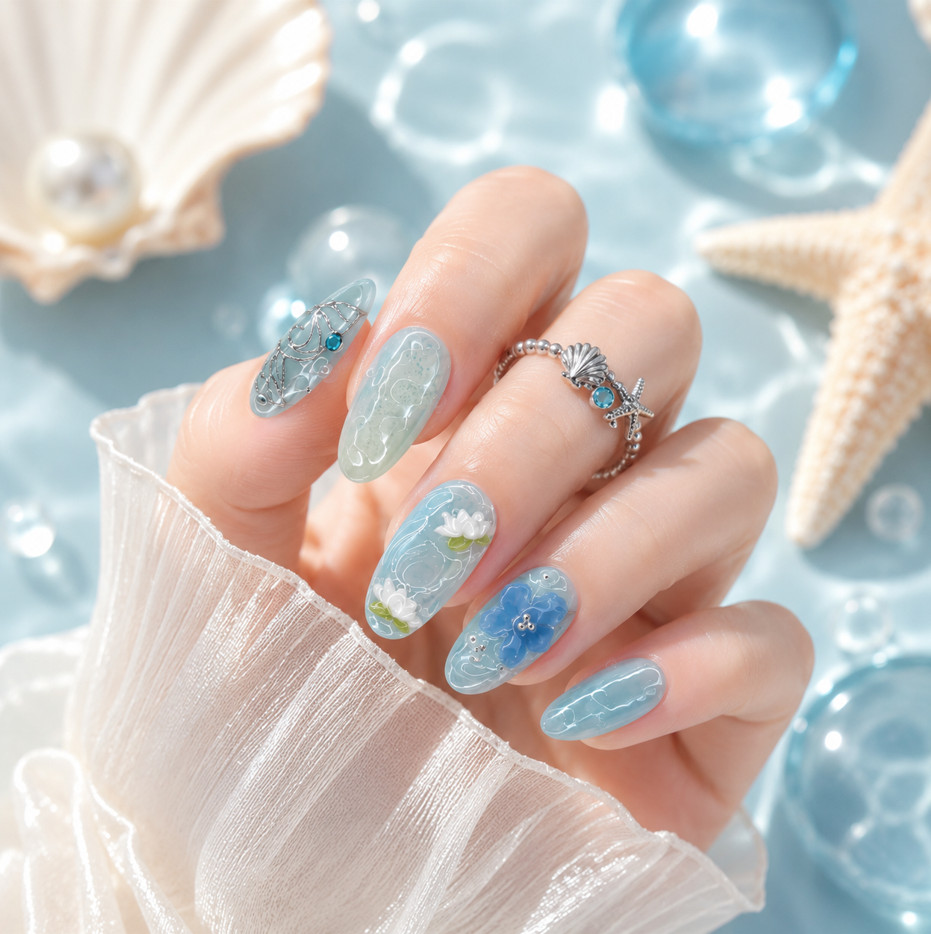 24Pcs Middle Length Ocean Blue French Press On Nails 3D Pearl Almond