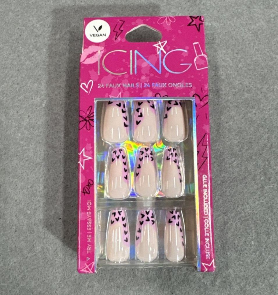 Icing Vegan 24 Faux Nails Nude Pink Leopard Print Press On Set Glue Included NEW