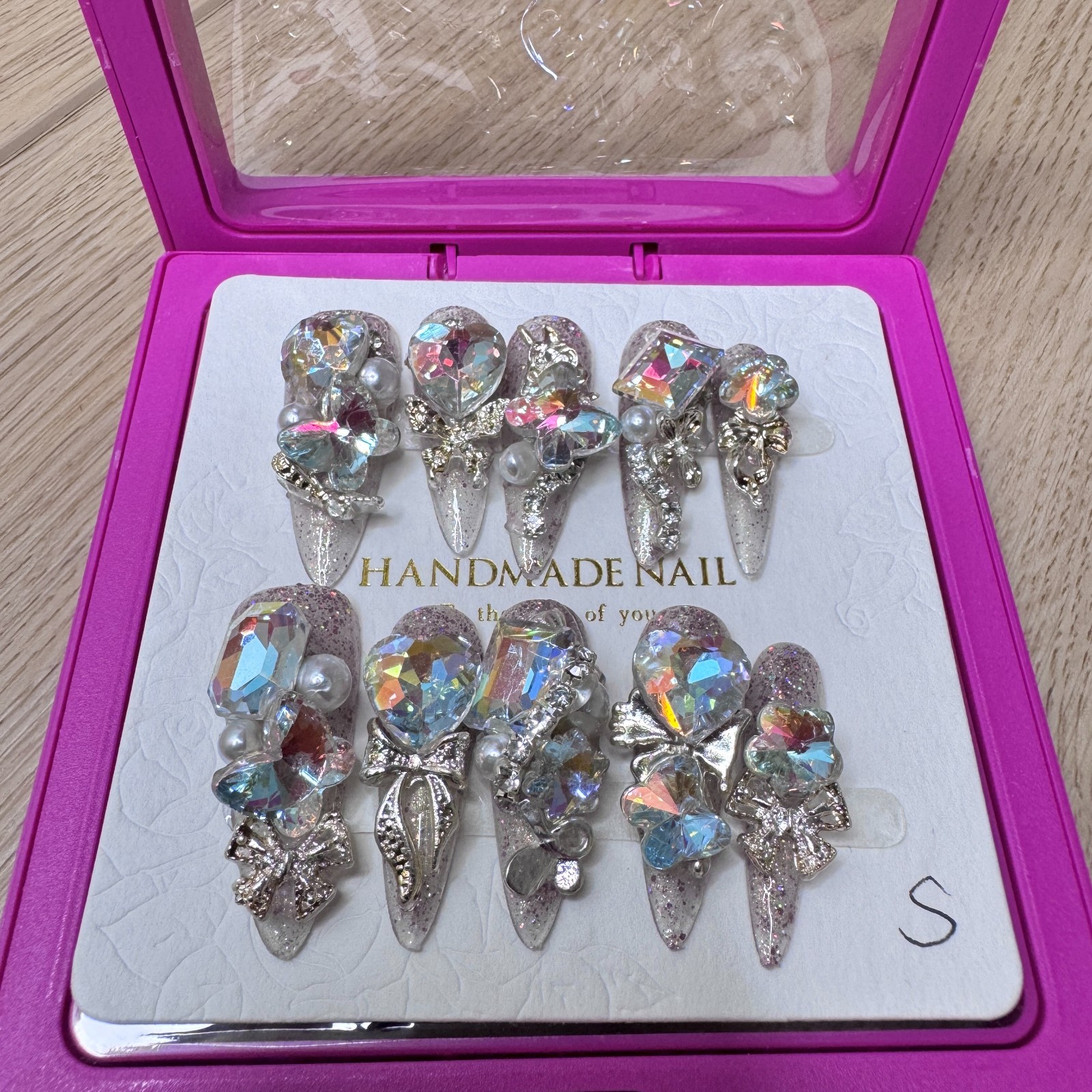 Handmade Hard Gel Press on Nail Art Kit Sz S Giltter Jewel Detail Charm Stiletto
