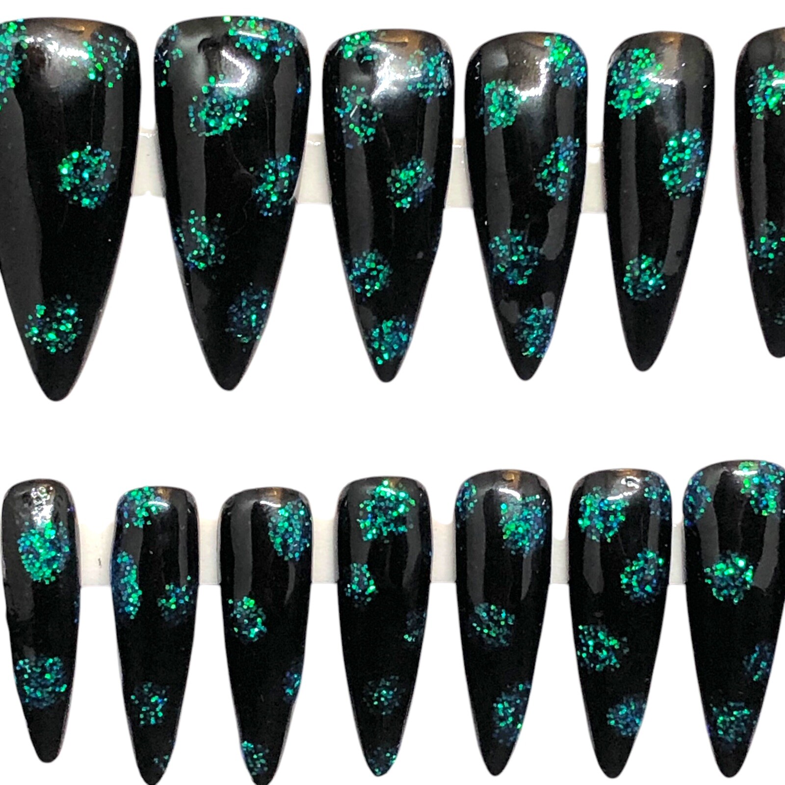 Custom Handmade Press On Nails Long Almond Black & Teal Plus Matching Jewelry