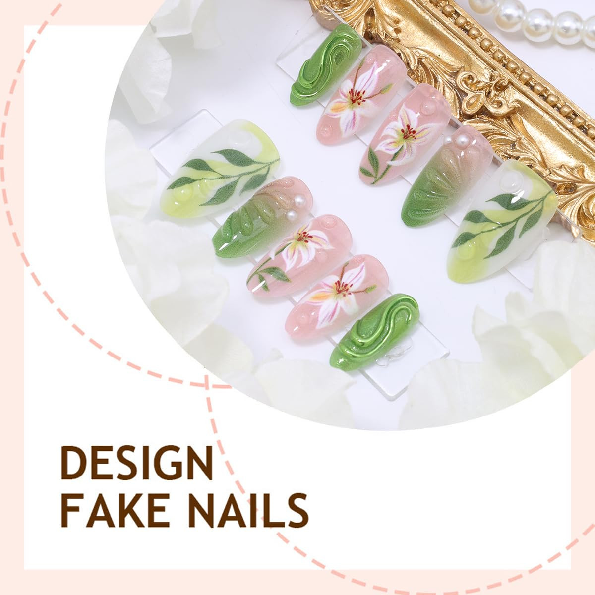30Pcs Spring Summer Press on Nails Medium Almond Fake Nails with 3D Flower Leaf