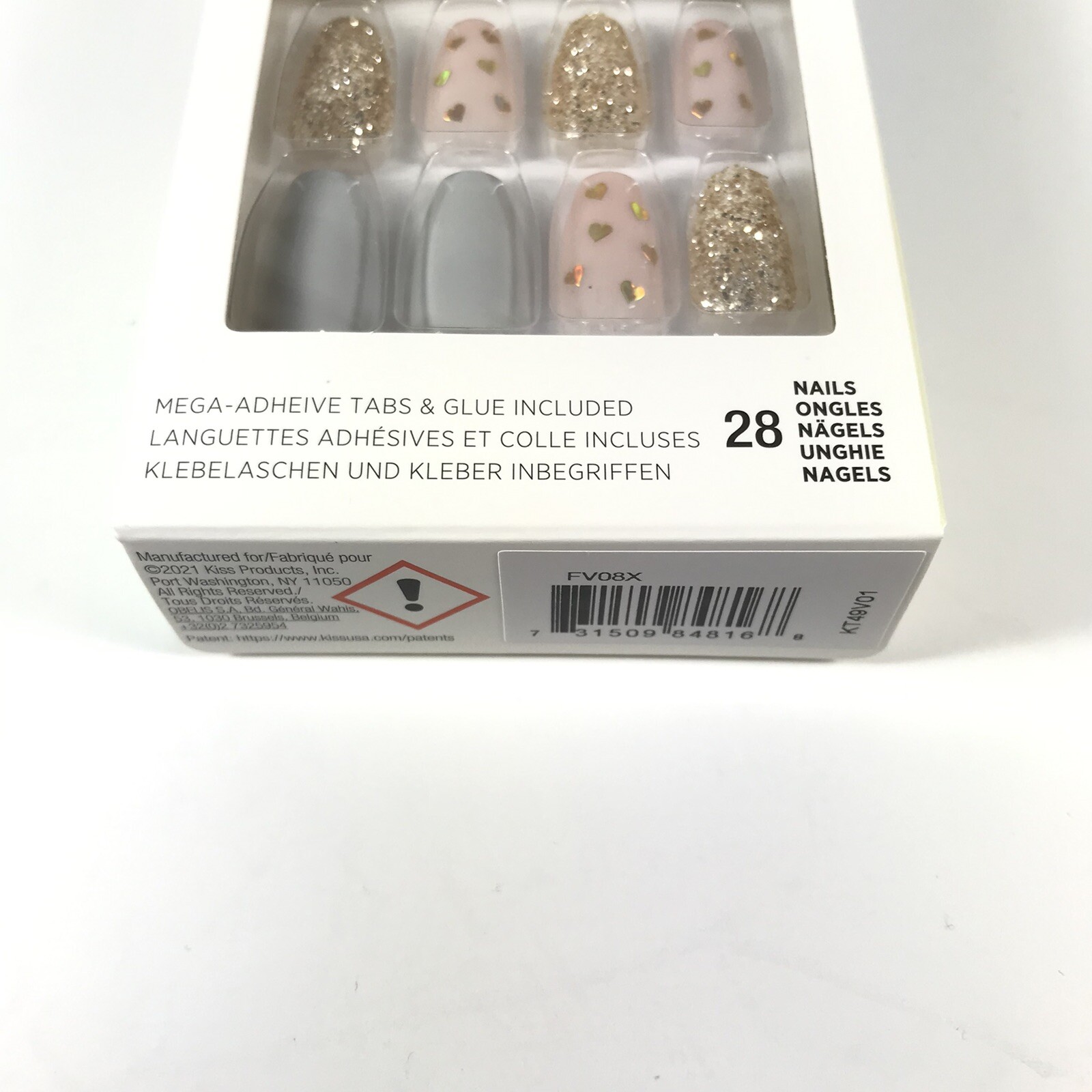 NEW Kiss Nails Voguish Fantasy Press Glue Manicure Medium Coffin Pink Gold Heart
