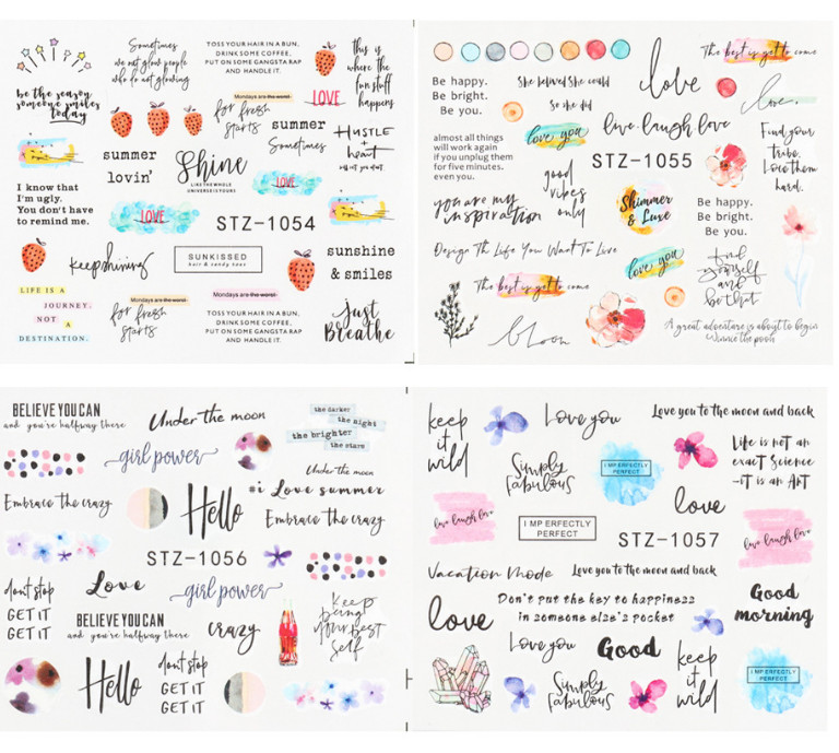 16 Sheets Nail Art Stickers Waterproof Decal Love Words Letters Heart Snake NS8