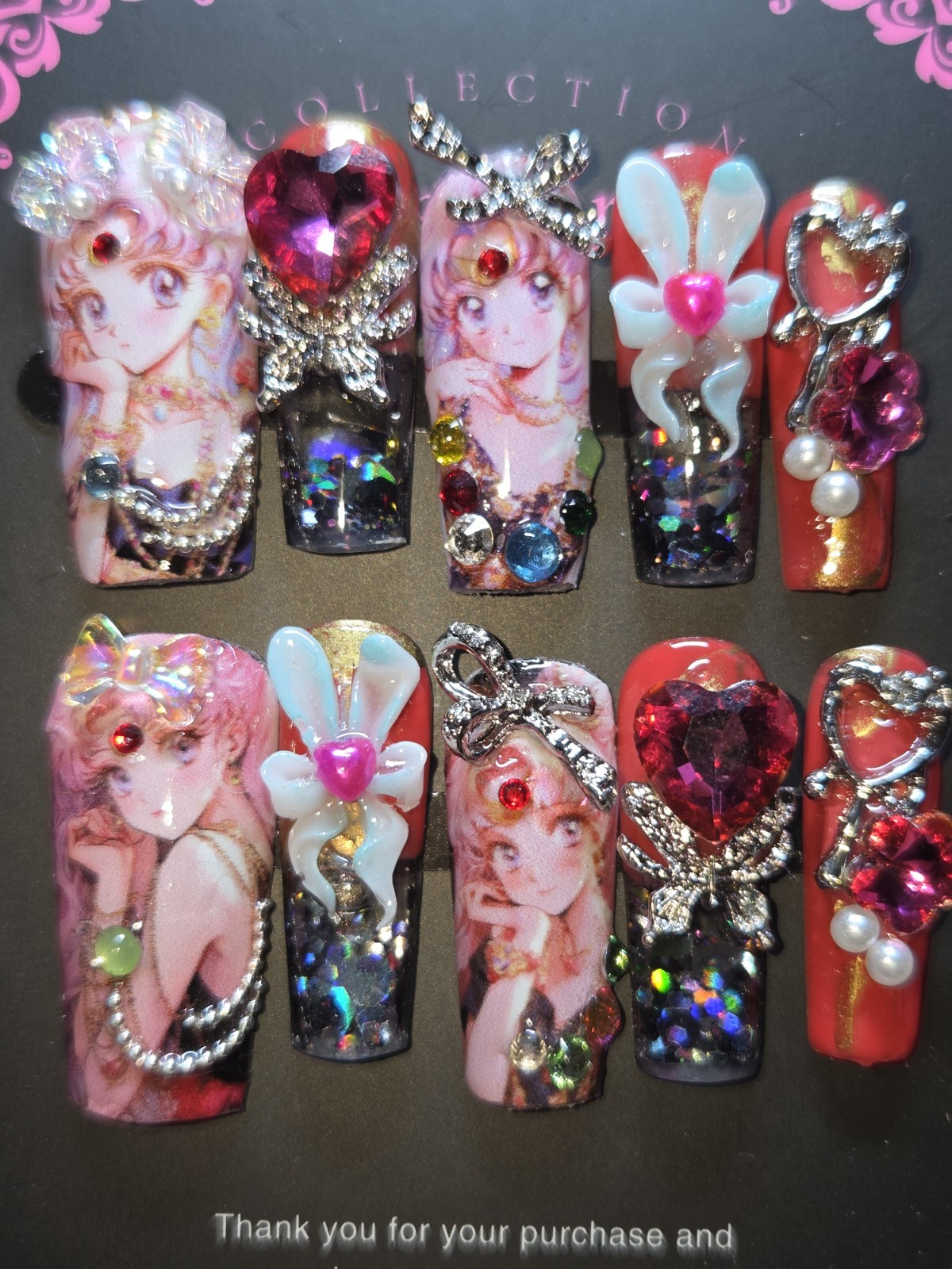 Press-On Nails Large Square Pink Anime Water Aqua Nails