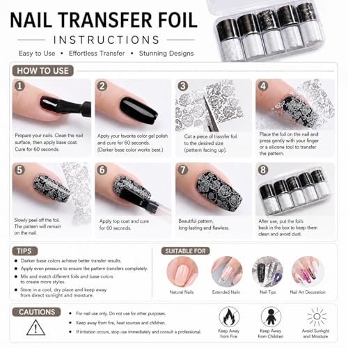 10 Rolls Lace Nail Foil Transfer Sheets Black White Flower Holographic Decals