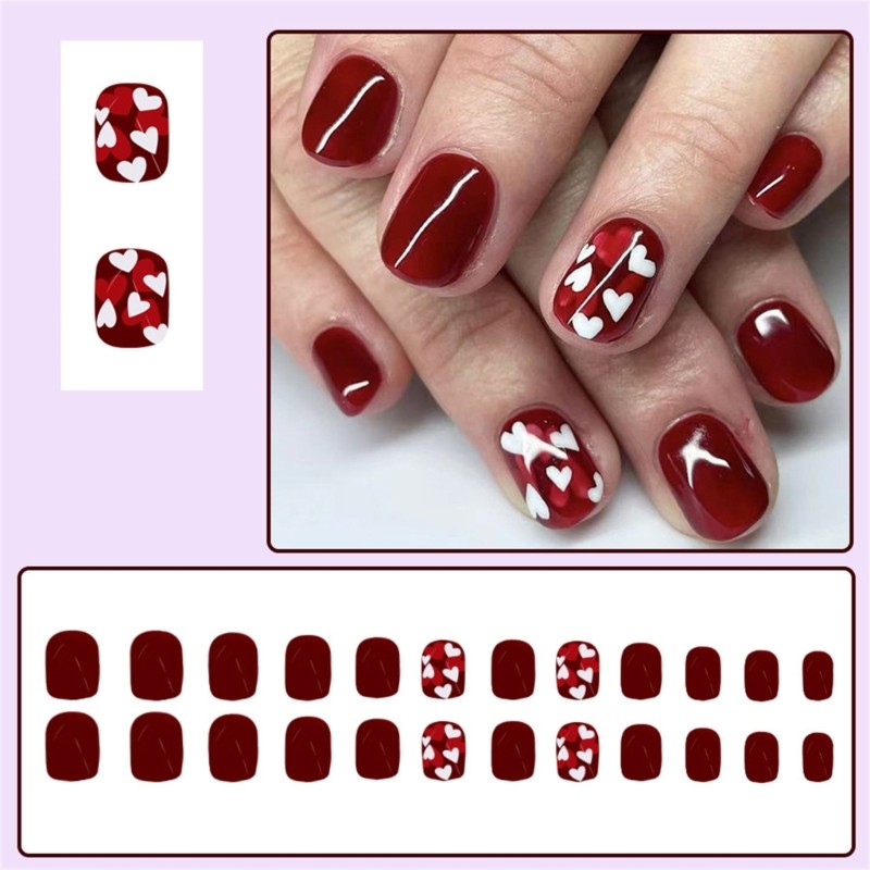 24x Heart on Nail Short Round False Nail Valentines Day Press On Nail