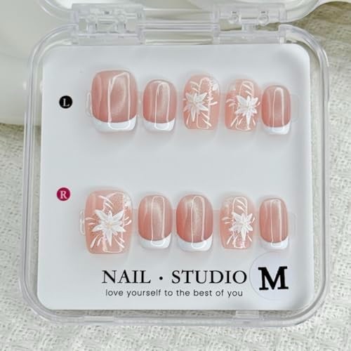 Handmade White French Press-On Nails Short Square with Flower Designs – Pink Spa