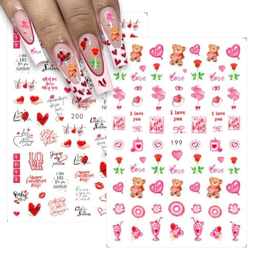 6 Sheets Valentines Nail Stickers, 3D Self-Adhesive Heart Nail Red Heart