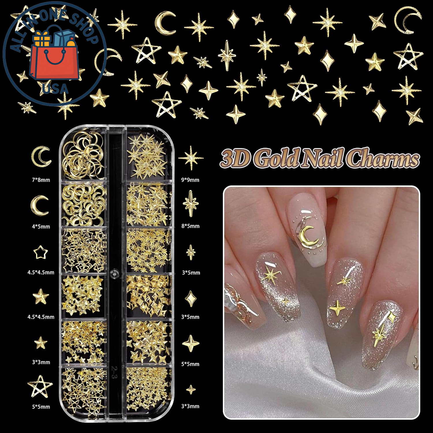 Gold Nail Charms Set: Pearls, Hearts, Bows, Stars, and Moon Designs
