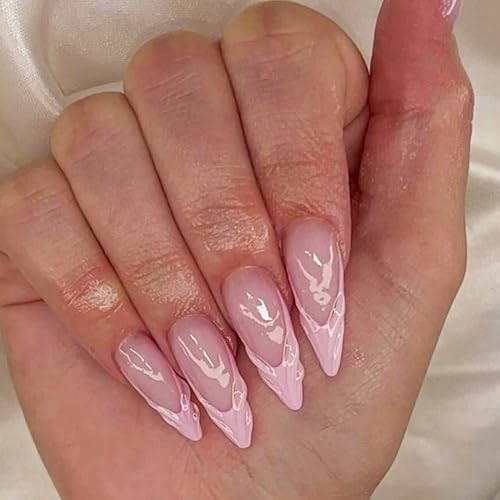 Long Press On Nails Stiletto Fake Nails French Tip False Medium Pink 3D French