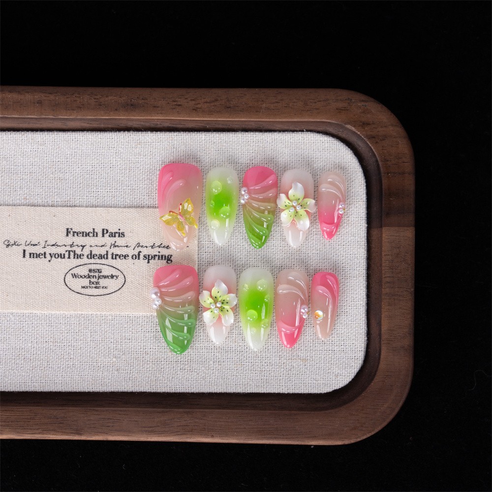 Handmade Press On Nails High Quality Pink Green Gradient Floral Almond Fake Nail