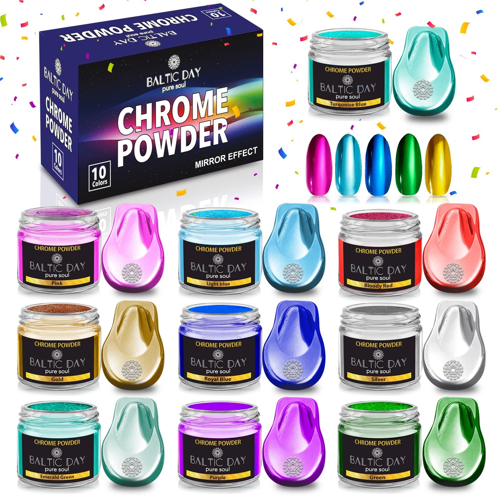 Premium Chrome & Metallic Pigment – 10 Colors Mirror Chrome & Holographic Mic…