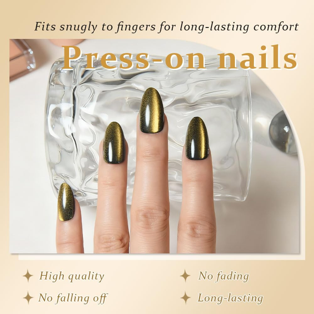 Cat Eye Gold Press on Nails Almond Short, Gold Metal Short Almond Soft Gel Press