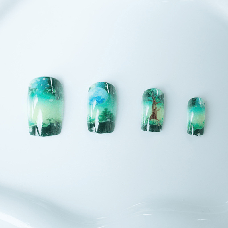 48Pcs Coffin Green Moon Forest Hand Painted Press on Nails Art Vacation Wear