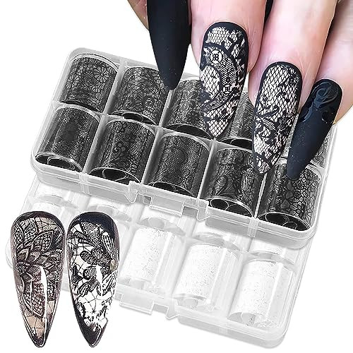 20 Rolls Black White Lace Nail Art Foil Transfer Sticker Kit Flower Foil
