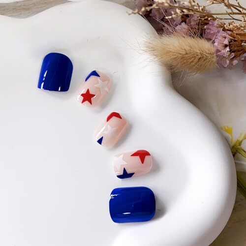 24PCS Independence Day Press on Nails Short Square Fake Nails, 4th of style12