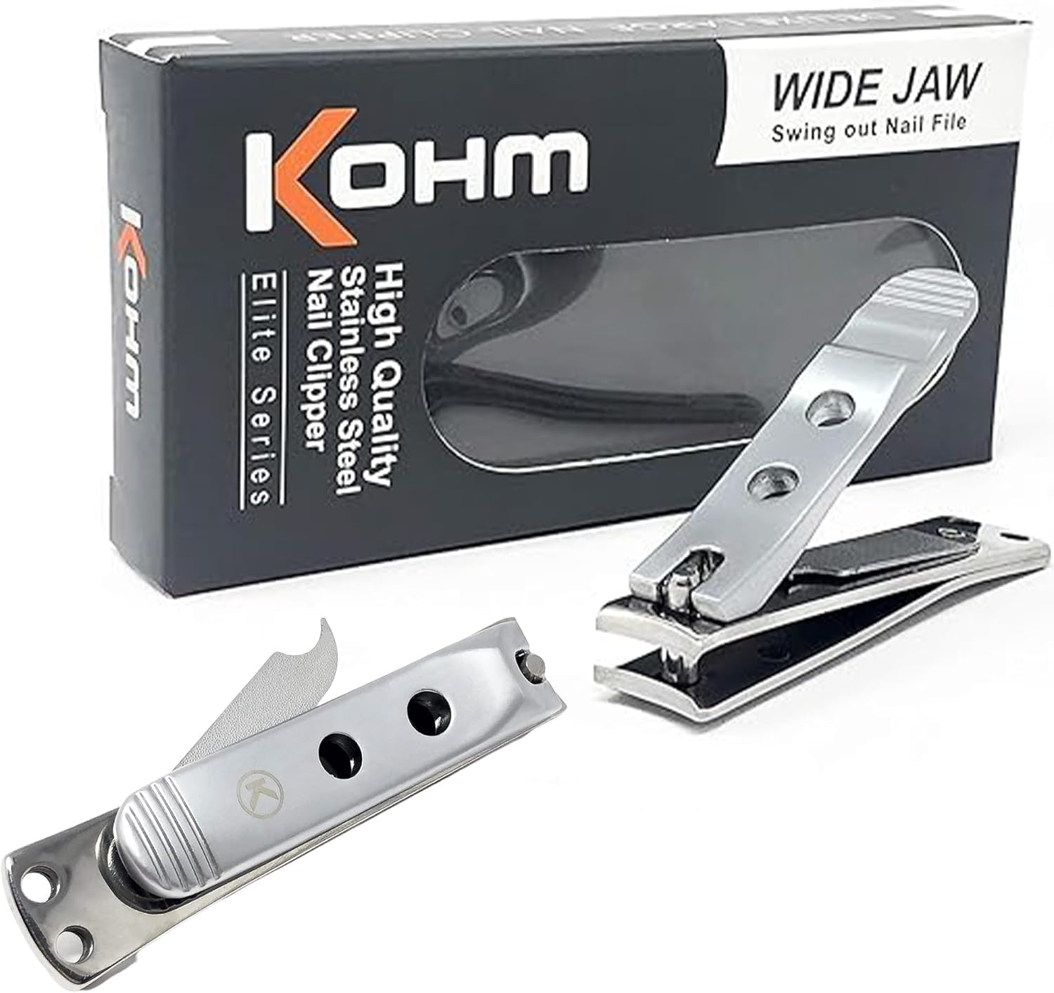 Kohm Curved Blade Edge Nail Clipper with Nail File (Swing Out), SS Wide Jaw